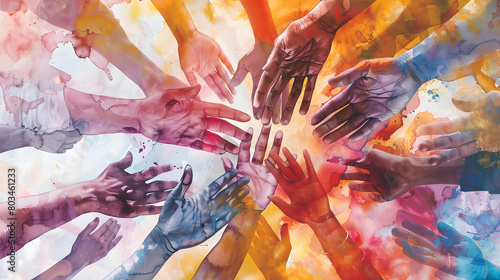 Watercolor diverse hands coming together in the center, symbolizing unity and cooperation, bursting with vibrant colors.  © Karen