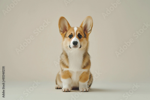 A cute corgi sits on a light background and looks curiously straight ahead in close-up.