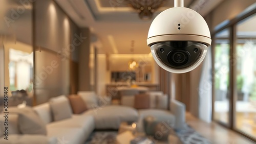 Modern smart home security camera with rotating capabilities in living room. Concept Home Security, Smart Technology, Camera Features, Modern Design, Rotating Capabilities photo