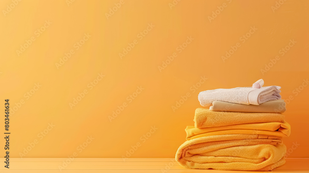 warm yellow towels stacked on yellow background for home textile ads, with a copy space for text warm yellow towels stacked on yellow background for home textile ads, with a copy space for text