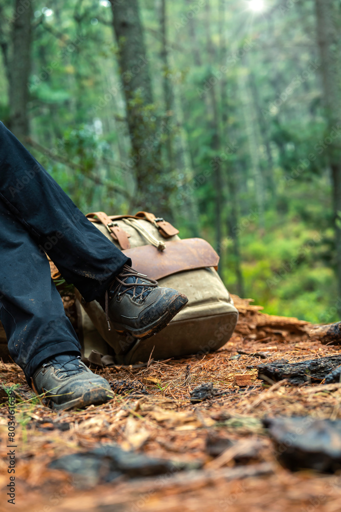 Close-up photo of two legs with hiking boots and a vintage backpack in the middle of a pine forest, adventure and love for nature. Close-up photo of two legs with hiking boots and a vintage backpack in the middle of a pine forest, adventure and love for nature.