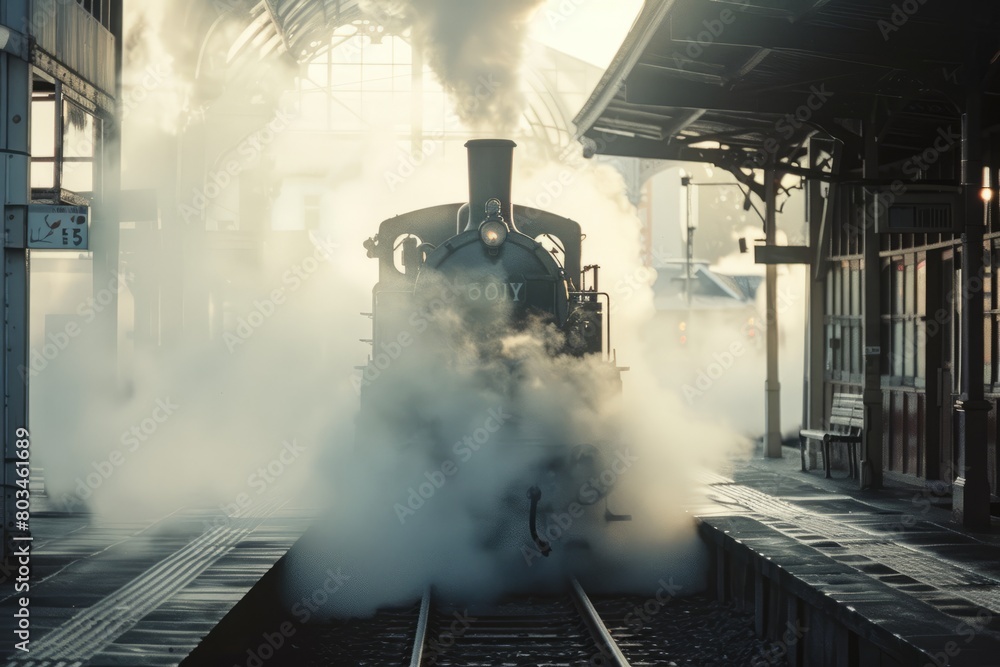 A vintage steam engine train is seen billowing smoke as it travels down the train tracks. The train is picturesque and emits a nostalgic charm as it chugs along the railway line