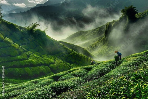 Tea plantation with tea leaf pickers in the morning on the highlands with fog.
