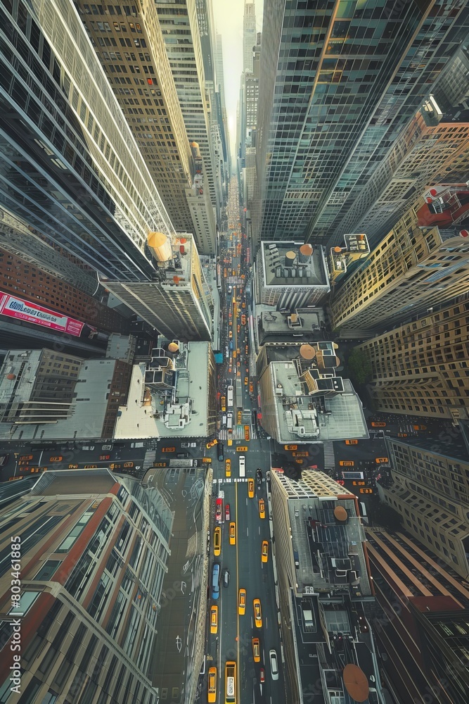 The aerial view captures the constant movement and activity of a crowded city street. Cars, pedestrians, and cyclists navigate through the traffic, while buildings line the road on both sides
