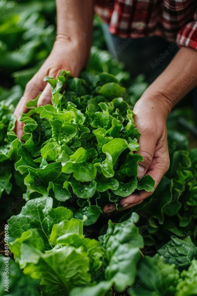A person is actively picking fresh lettuce in a lush field, surrounded by leafy green plants. The individual is engaged in the task, carefully selecting and harvesting the ripe produce A person is actively picking fresh lettuce in a lush field, surrounded by leafy green plants. The individual is engaged in the task, carefully selecting and harvesting the ripe produce