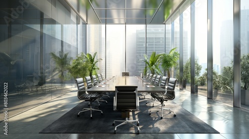 An entrepreneur making a pitch to venture capitalists in a sleek, modern boardroom with floor-to-ceiling windows. photo