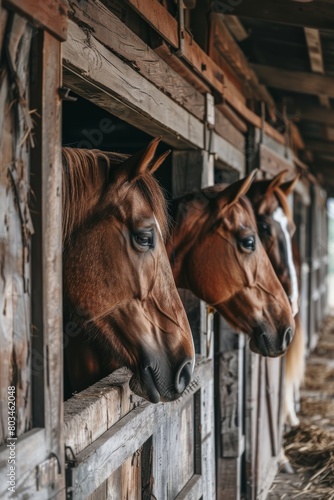 Grooming horses in a rustic stable