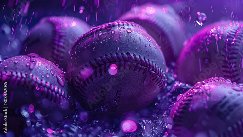 Diamond Downpour: Baseball in the Rain Amidst Purple Light and Cinematic Raindrops photo