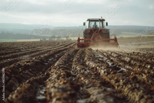 A tractor is actively plowing a field under the bright midday sun. The tractors machinery is churning up the soil as it moves forward in straight rows photo