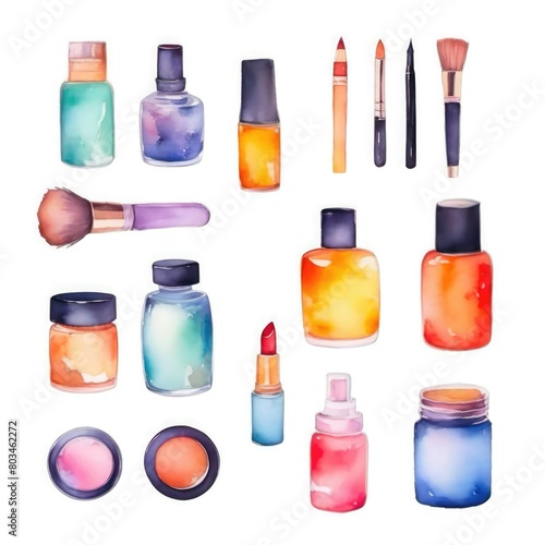 The illustration features makeup cosmetics, including eye shadow in vibrant, multi-colored shades. It can be used for beauty blogs, fashion magazines, and cosmetic advertisements.