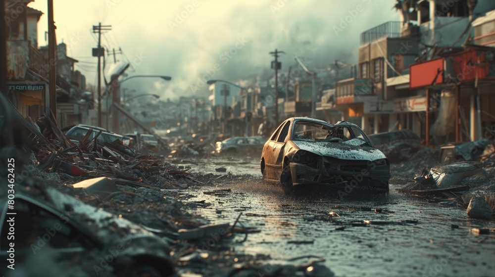Earthquake Natural Disaster Scenario Concept, Emergency Preparedness Backdrop, City Street Damage, Building Structural Collapse, Urban Smoke and Fire Earthquake Natural Disaster Scenario Concept, Emergency Preparedness Backdrop, City Street Damage, Building Structural Collapse, Urban Smoke and Fire