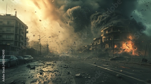 Earthquake Natural Disaster Scenario Concept  Emergency Preparedness Backdrop  City Street Damage  Building Structural Collapse  Urban Smoke and Fire