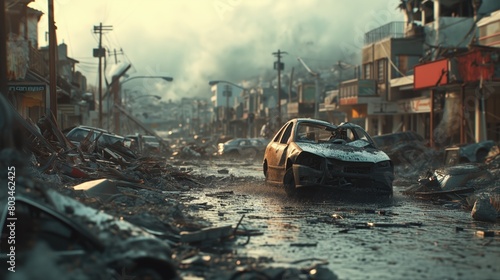 Earthquake Natural Disaster Scenario Concept, Emergency Preparedness Backdrop, City Street Damage, Building Structural Collapse, Urban Smoke and Fire