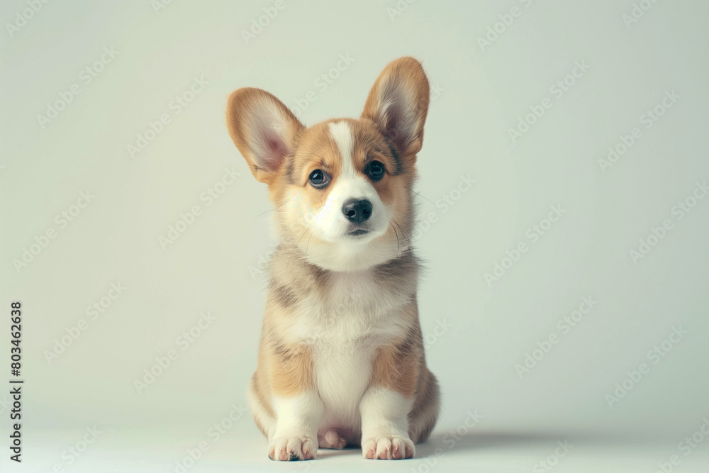 A small corgi puppy sits on a light background and looks straight ahead with curiosity, close-up.