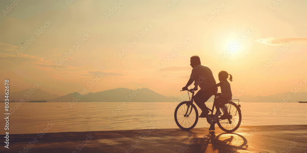Obraz premium Happy dad and kid girl riding on bike on natural background with copy space. Father and daughter, father's day, family leisure time.