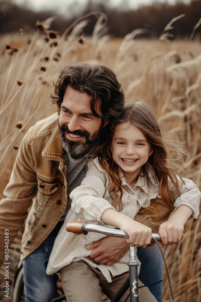 Obraz premium Happy dad and kid girl riding on bike on natural background with copy space. Father and daughter, father's day, family leisure time.