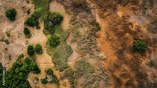 A birda??s eye view of a scrubland with patches of green and brown, showing the variation in vegetation density photo