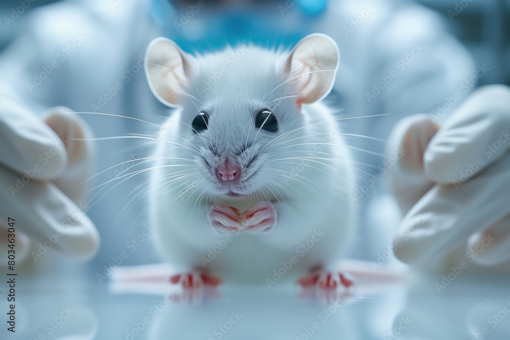 White laboratory mouse in the hands of a scientist, close-up White laboratory mouse in the hands of a scientist, close-up