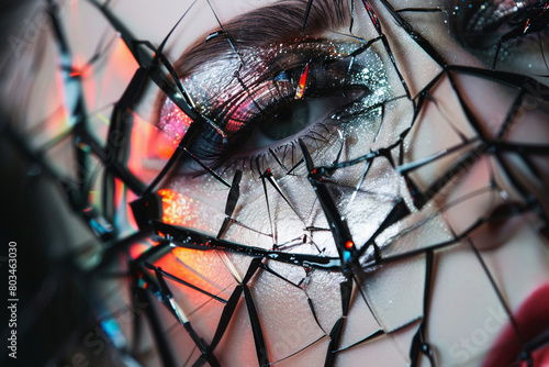 An artistic portrayal of abstract makeup with a shattered glass effect and reflective metallic accents.