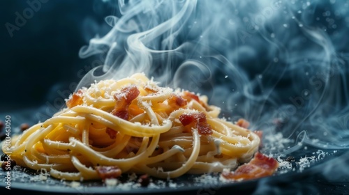 The steam from spaghetti Carbonara pasta. Spaghetti with pancetta, egg, parmesan cheese and cream sauce. Traditional italian cuisine - homemade healthy pasta on dark background. hot food concept