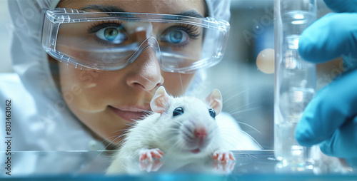 Scientist working with white rat in laboratory, closeup. Animal testing photo
