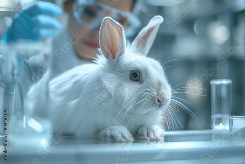 scientist conducting an experiment with a white rabbit in the laboratory