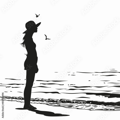 silhouette of a girl on the beach on a white background. Generative AI