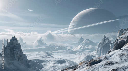 breathtaking icy landscape with extraterrestrial mountains and planetary rings photo