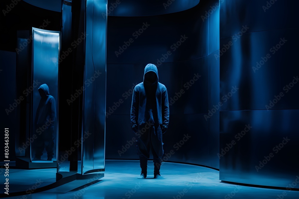 A mysterious figure in a hood stands in a dimly lit space.