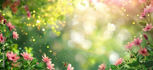 a bunch of pink flowers in a field with a blurry background of green leaves and flowers in the foreground © inspiretta