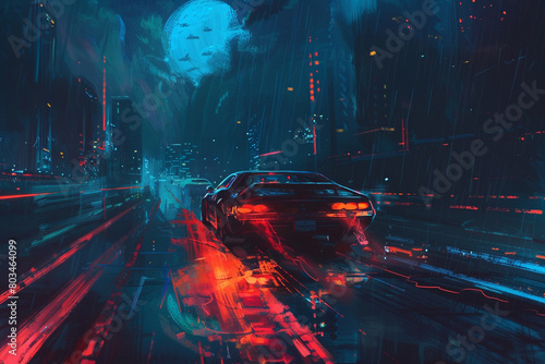 An atmospheric depiction of a high-speed car speeding through the night, surrounded by the mysterious allure of an urban nocturnal landscape. photo