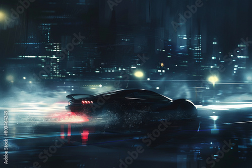 An atmospheric depiction of a high-speed car speeding through the night  its sleek silhouette contrasting against the mysterious backdrop of the urban environment.