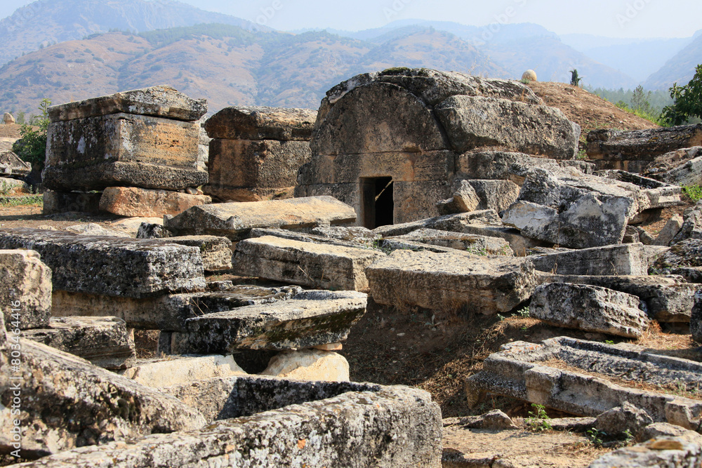 Public tombs in ancient city Hierapolis ruins in Pamukkale, Turkey.