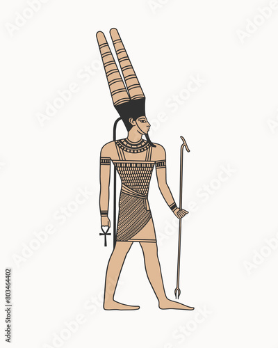 Ancient Egyptian god Amon with a staff in his hand. God of air and sun in Ancient Egypt. Mythical character of the ancient world in full growth.