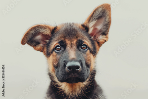 Close-up of a beautiful German Shepherd puppy with floppy ears on a light background. he has cute features and a perky look. The photo is made in a minimalist style. Pet.