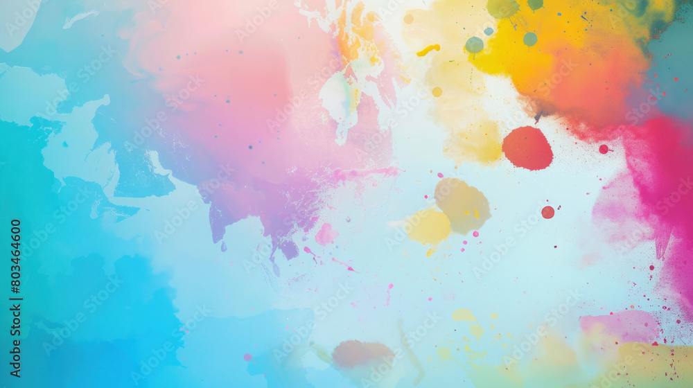 Abstract painting with blurred spots and droplets of different colors on a light background, creating a spilled paint effect
