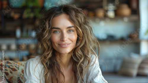 Smiling woman with chestnut wavy hair sitting in a home environment with plants and wooden elements in the background