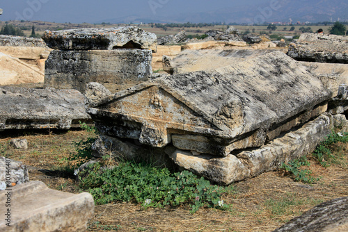 Public tombs in ancient city Hierapolis ruins in Pamukkale, Turkey.