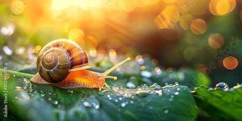 a snail is sitting on a leaf in the sun light, with water droplets on it's surface