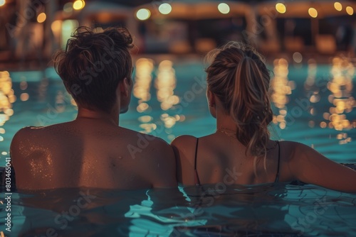 A man and woman are in a pool, looking at each other © top images