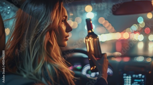 A woman driving with a bottle of alcohol. Drunk driving concept. Background with selective focus and copy space photo