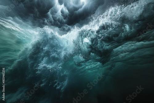 An awe-inspiring view of an underwater storm, with dark clouds casting an eerie light on the churning blue water and breaking waves.