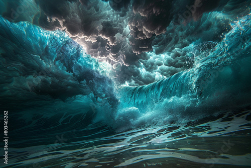 An awe-inspiring view of an underwater storm, with dark clouds casting an eerie light on the churning blue water and breaking waves. photo