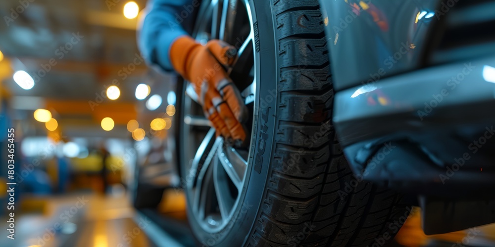 Fototapeta premium a close up of a tire on a car in a garage with lights in the background and a worker working on the tire