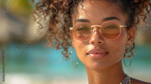A woman with curly hair and gold hoop earrings is wearing sunglasses. She is smiling and looking at the camera. woman wearing beach visor