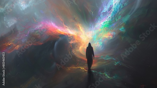 A lone figure stands before a swirling cosmic portal of vibrant nebula colors, embarking on a journey of exploration and discovery into the mysteries of space and the unknown. photo