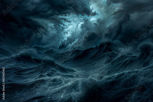 An awe-inspiring view of an underwater storm, with dark clouds casting an eerie light on the churning blue water and breaking waves.