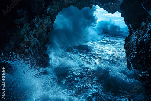 An awe-inspiring view of an underwater cavern with stormy waves crashing against the entrance, casting a mesmerizing blue glow in the depths.
