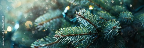 a close up of a pine tree with snow on it's branches and a blurry background © inspiretta