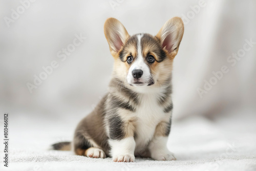 A corgi puppy sits on a light background and looks curiously to the side.